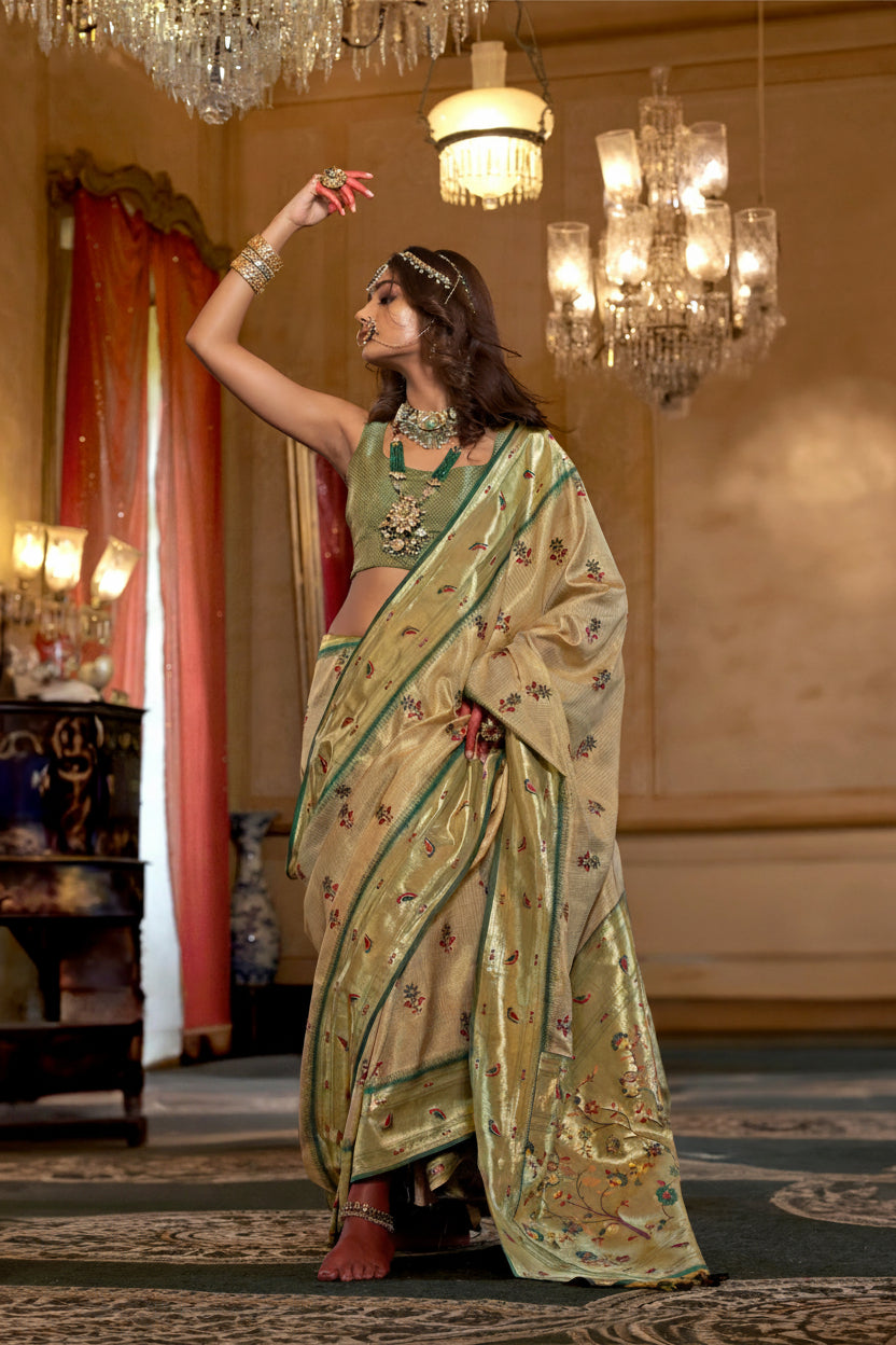 Beige Emerald Green Organza Tissue Silk Saree