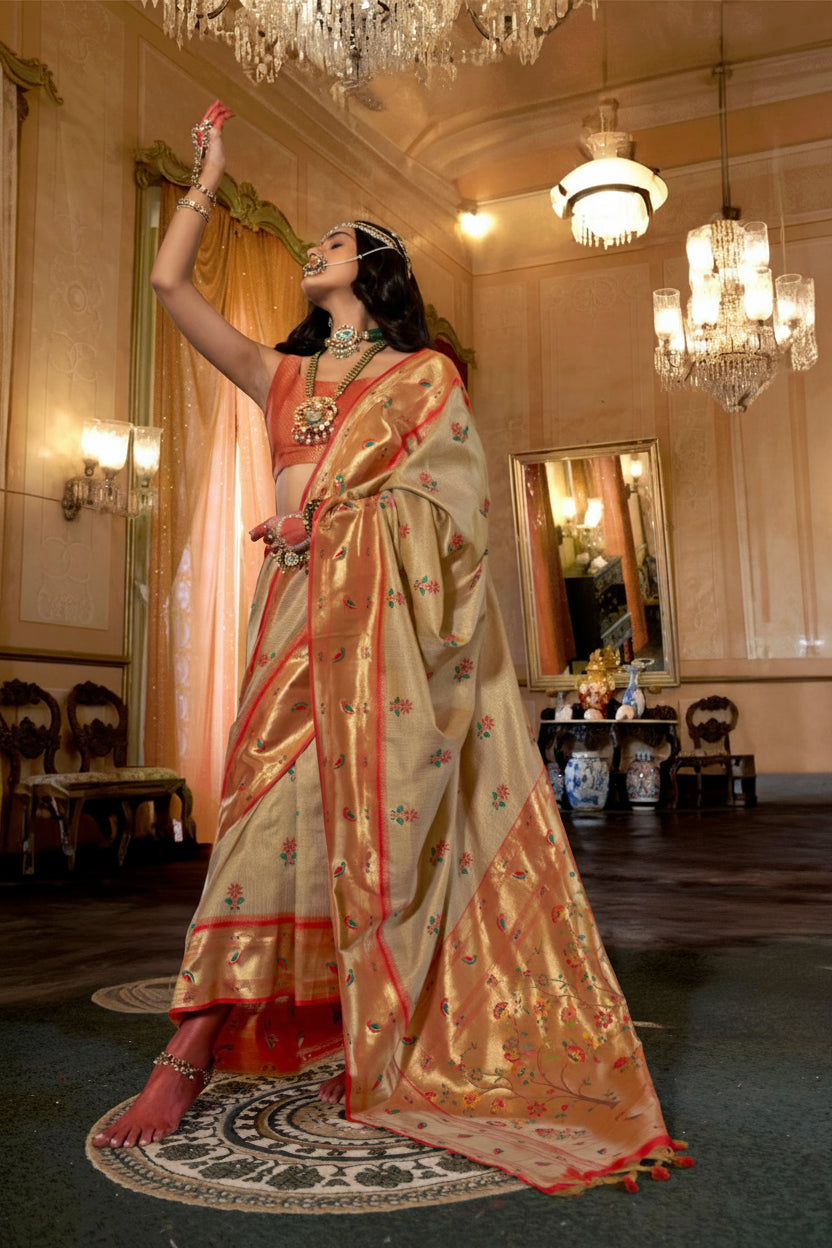 Citrus Beige Organza Tissue Silk Saree