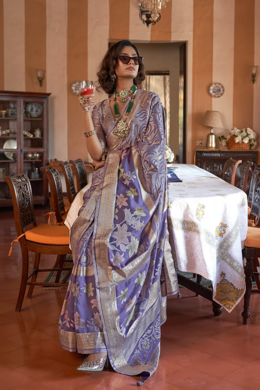 Lavender Dust Printed Georgette Silk Saree