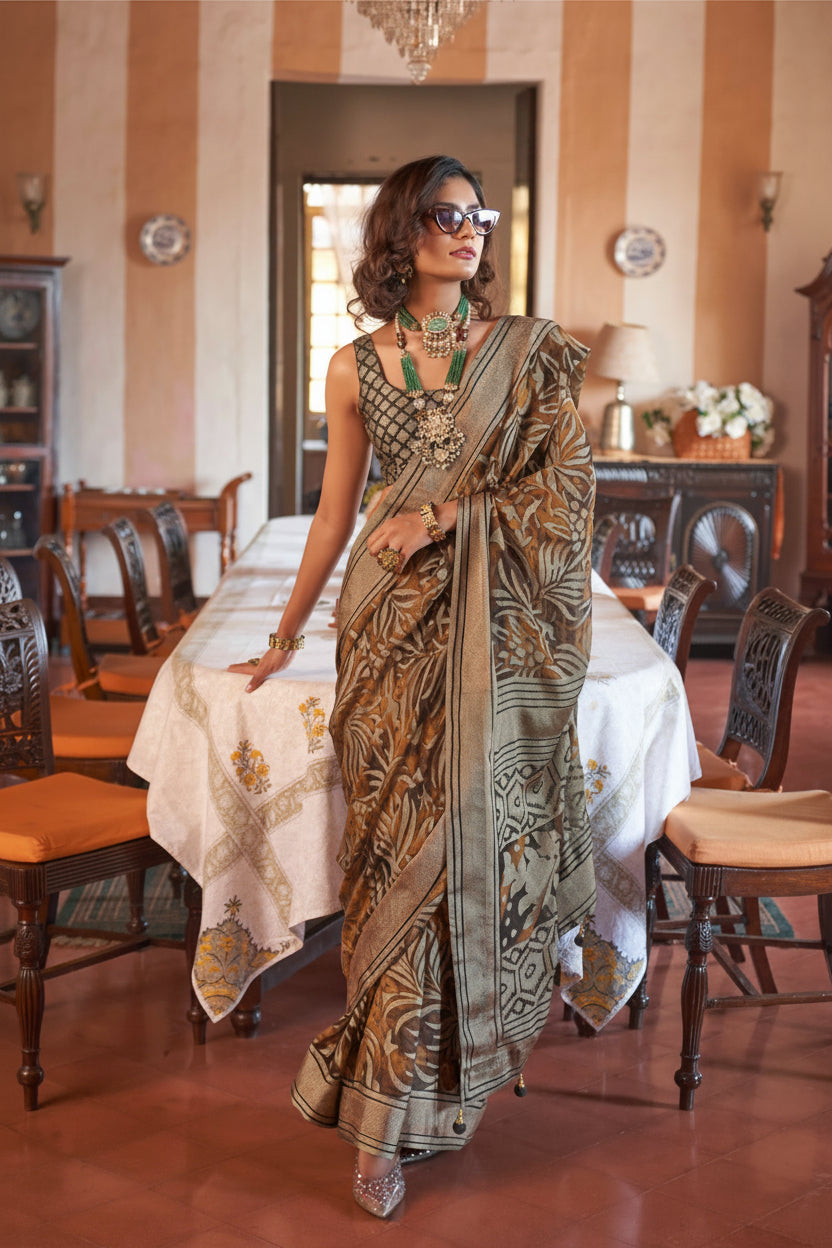 Bronze Brown Printed Georgette Silk Saree