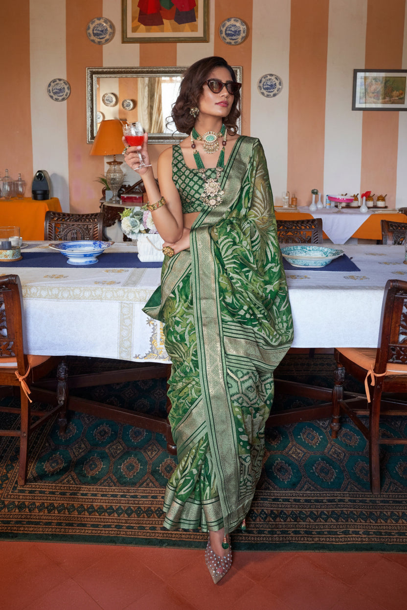 Fern Green Printed Georgette Silk Saree