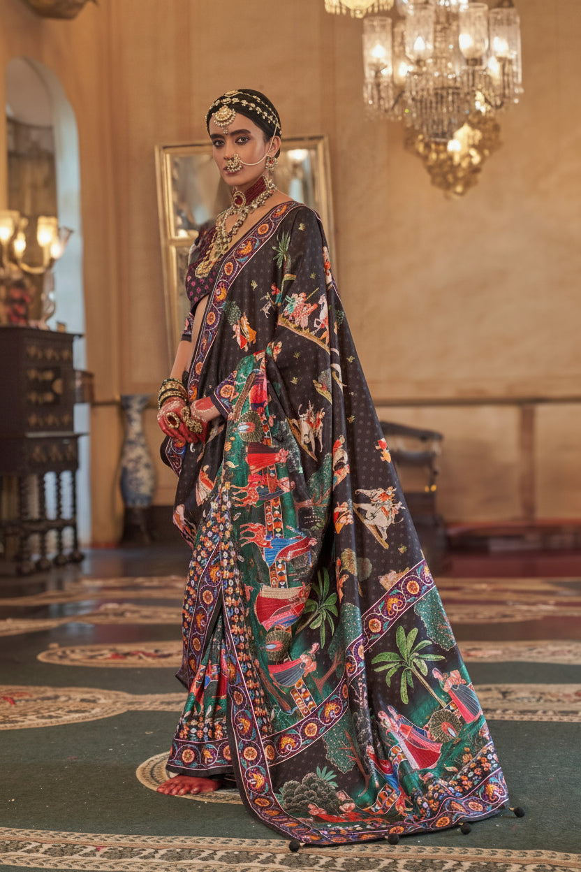 Timeless Black Printed Premium Silk Saree