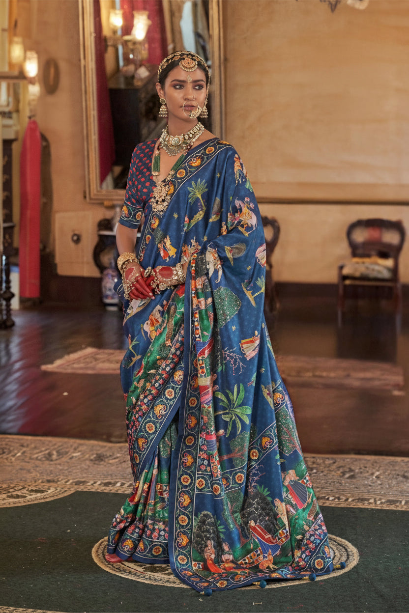 Coastal Blue Printed Premium Silk Saree