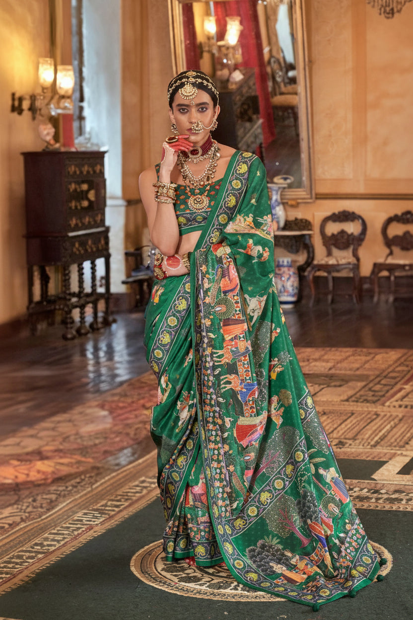 Pine Green Printed Premium Silk Saree