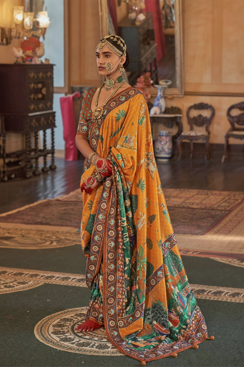 Honey Yellow Printed Premium Silk Saree