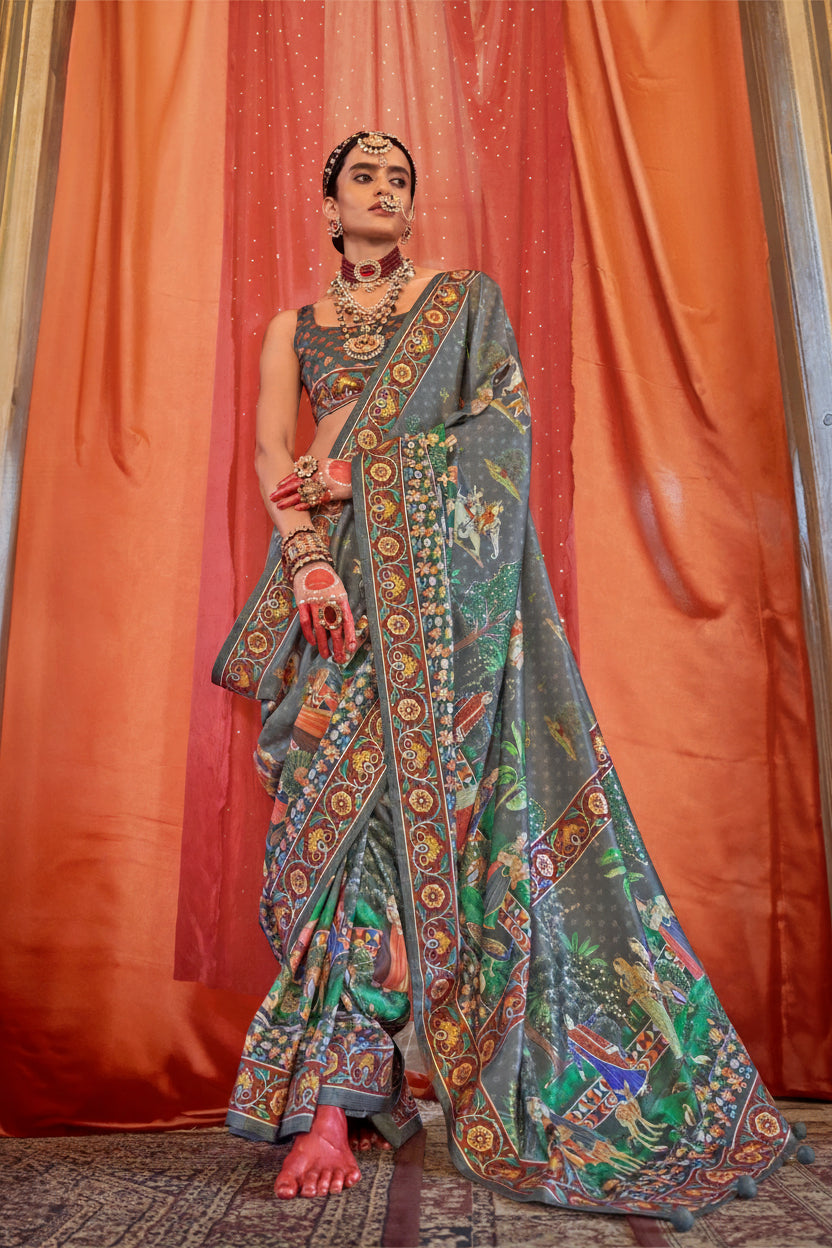 Mink Grey Printed Premium Silk Saree