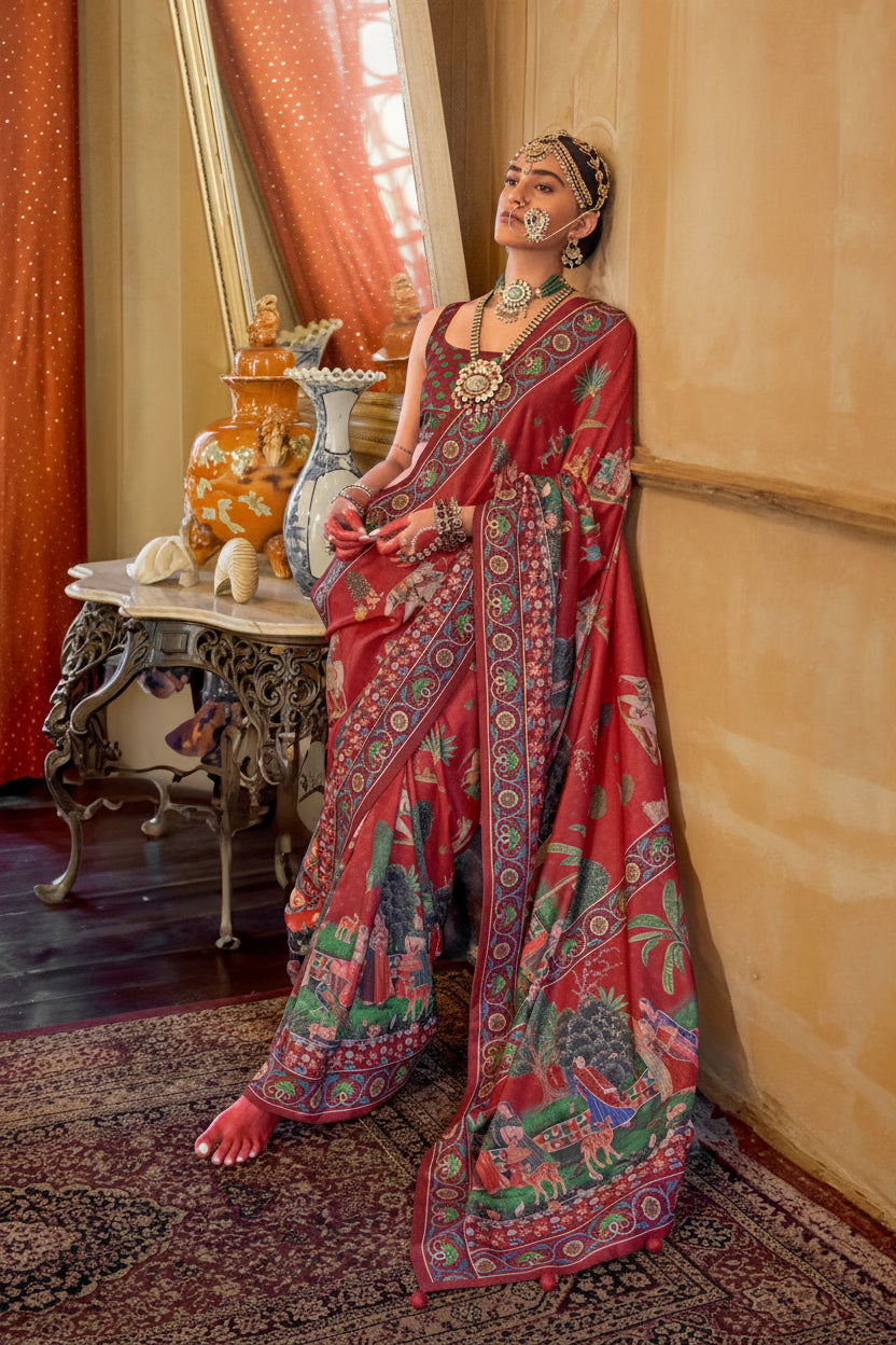 Garnet Red Printed Premium Silk Saree