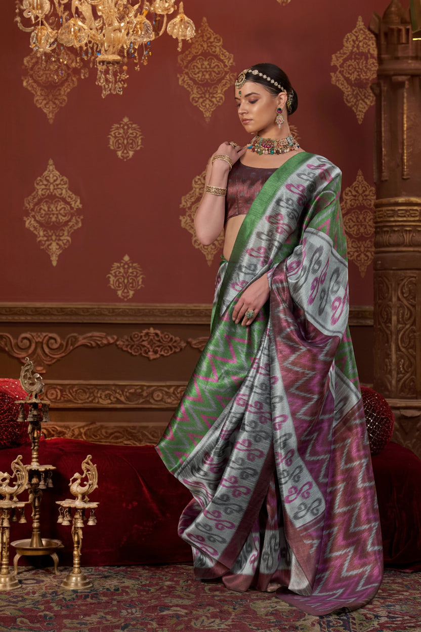 Willow Green Printed Premium Silk Saree