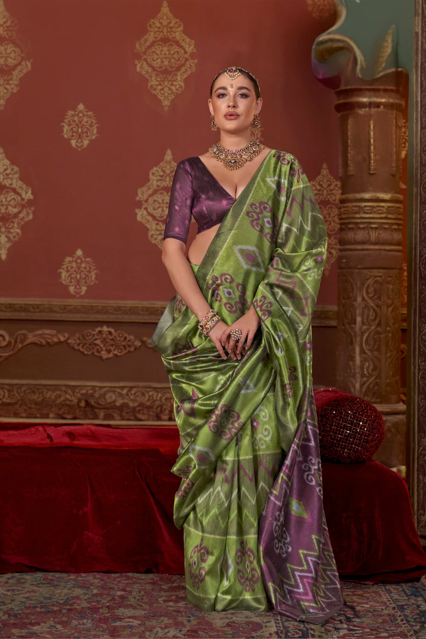 Lime Green Printed Premium Silk Saree