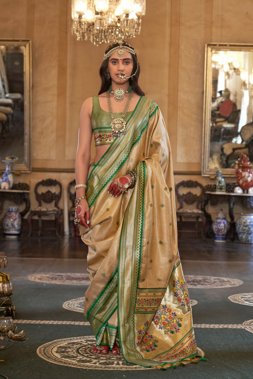Beige Green Organza Tissue Silk Saree