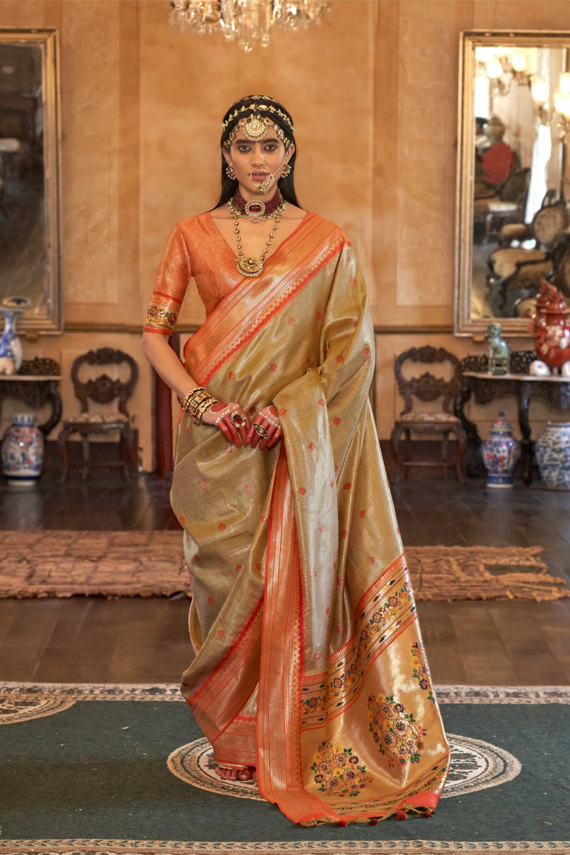 Beige Orange Organza Tissue Silk Saree