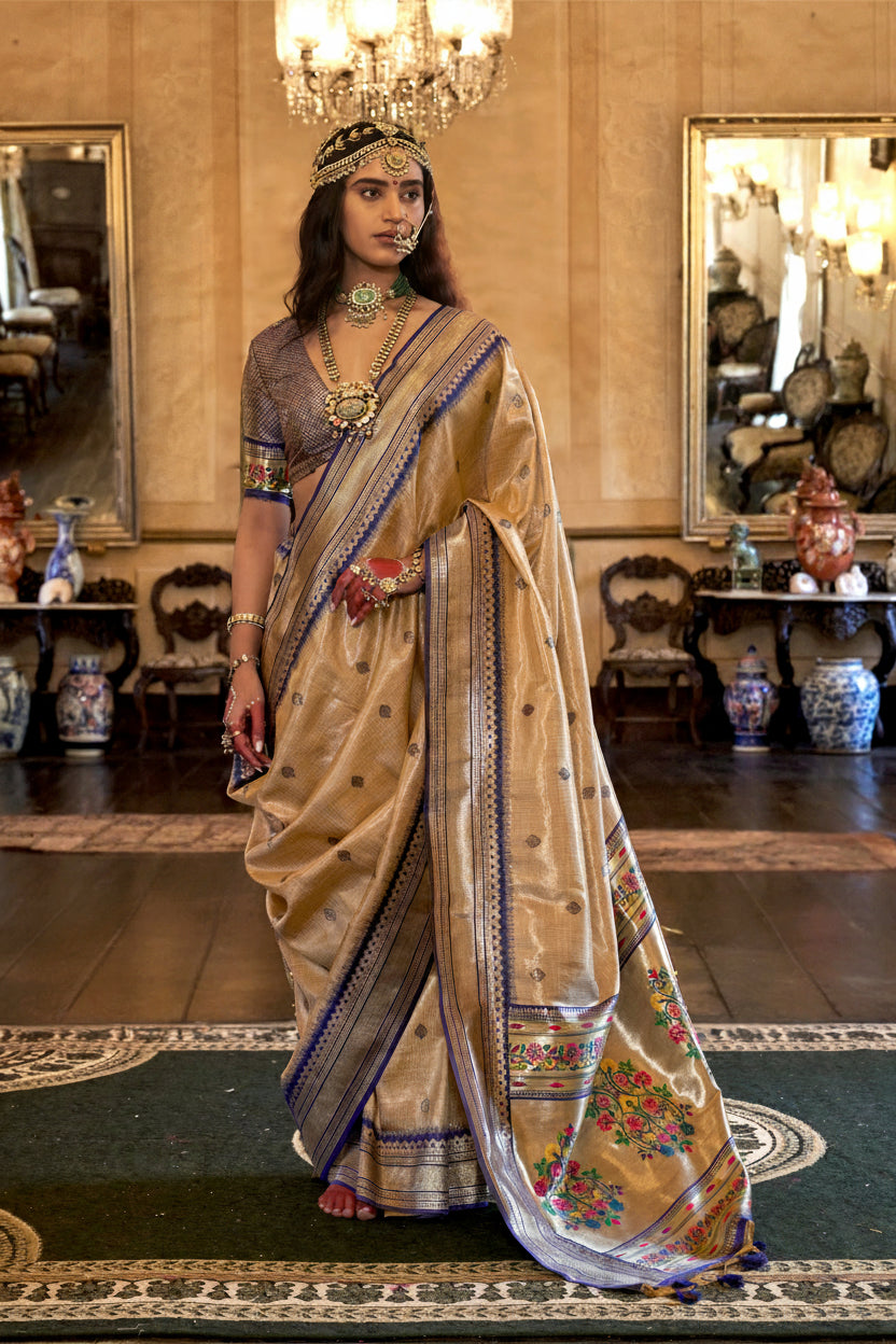 Beige Blue Organza Tissue Silk Saree
