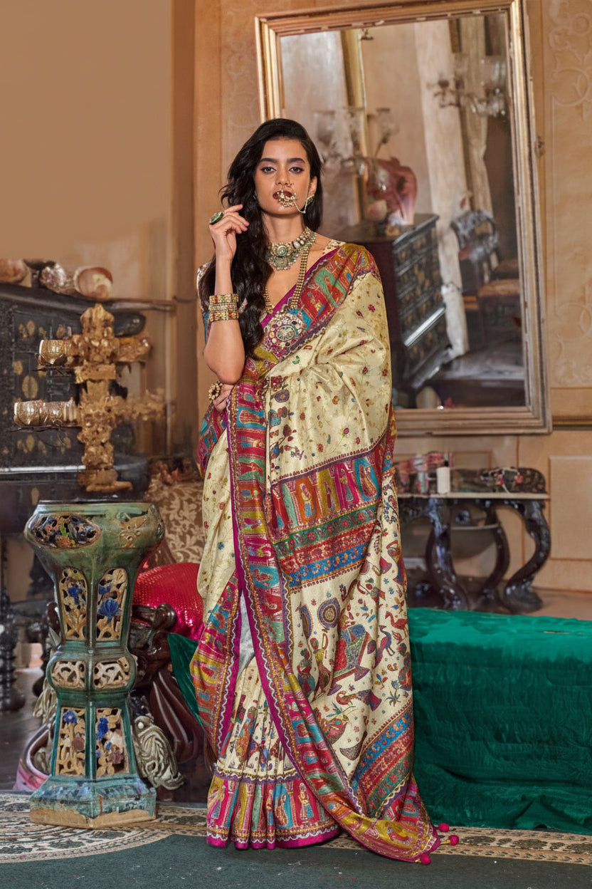Cream Heritage Printed Georgette Silk Saree