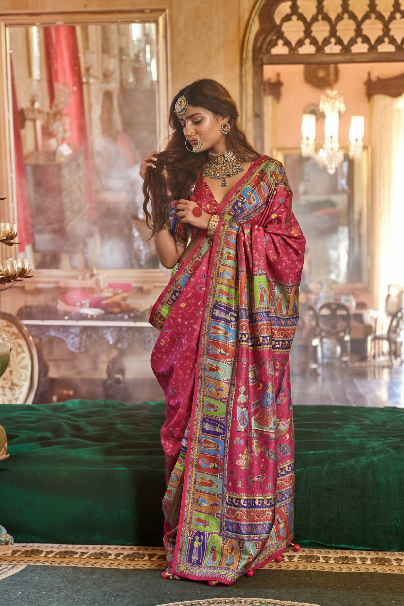 Rose Pink Heritage Printed Georgette Silk Saree