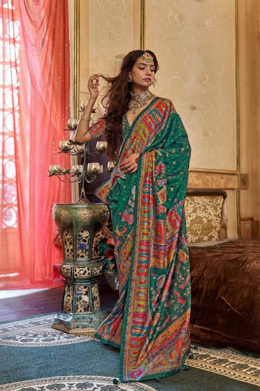Rama Green Printed Georgette Silk Saree