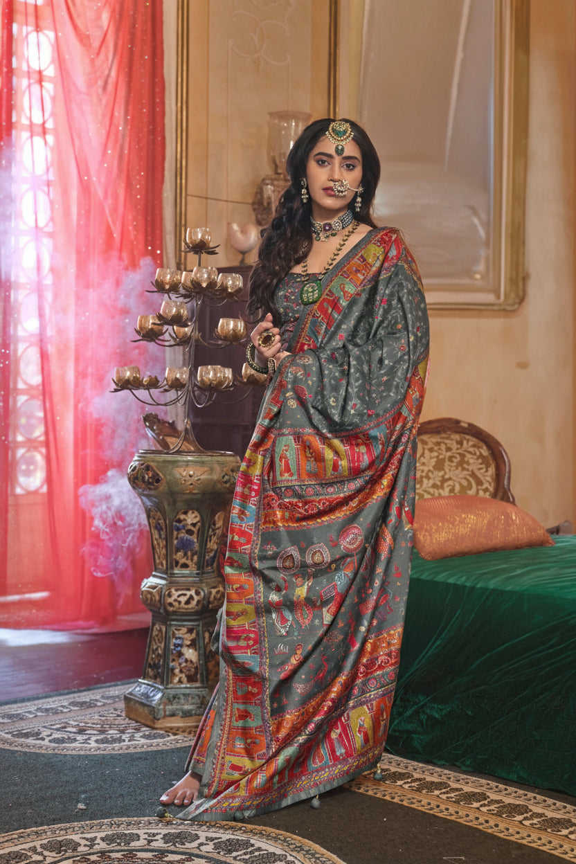 Mist Grey Printed Georgette Silk Saree