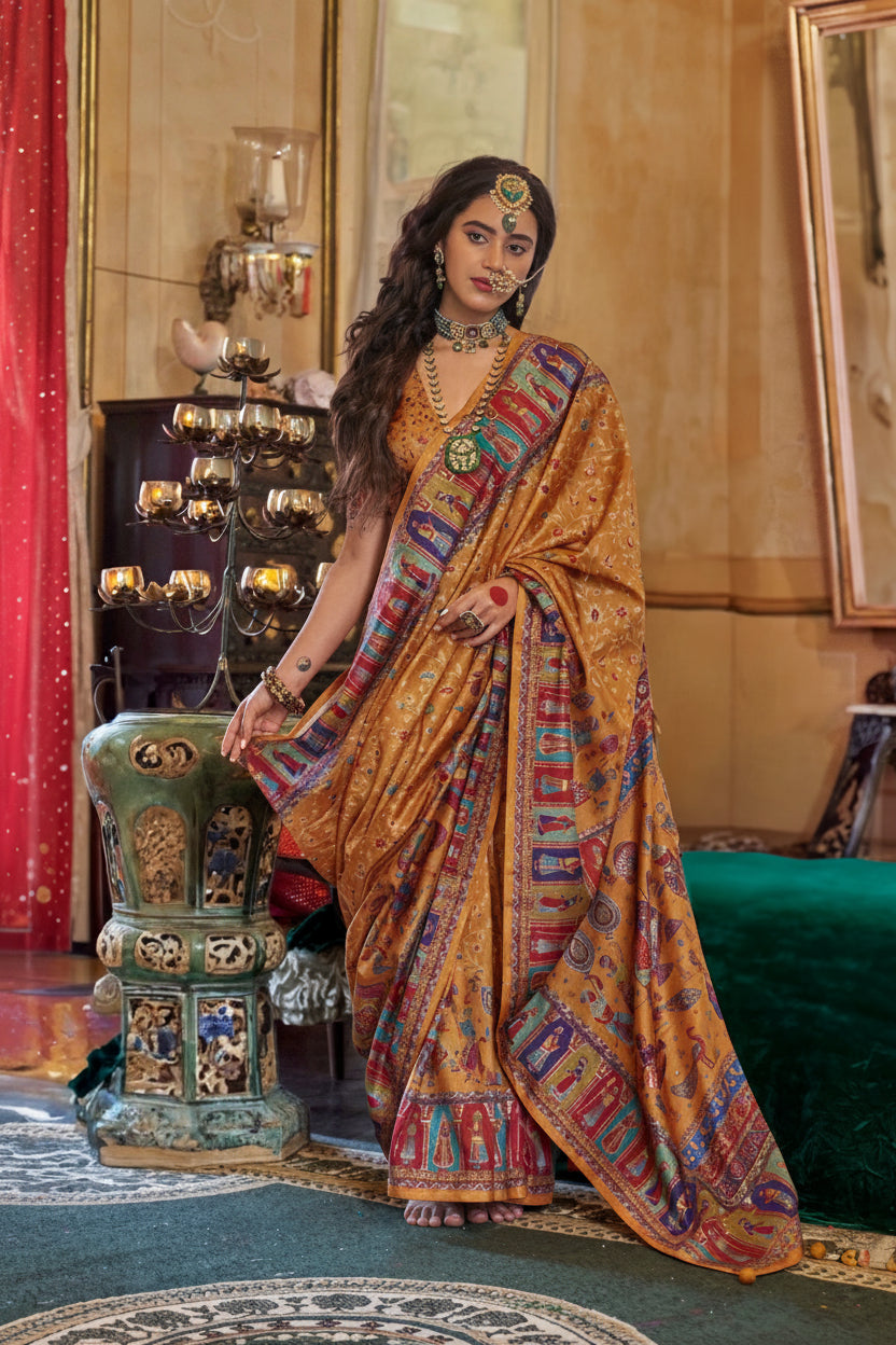 Ochre Orange Printed Georgette Silk Saree