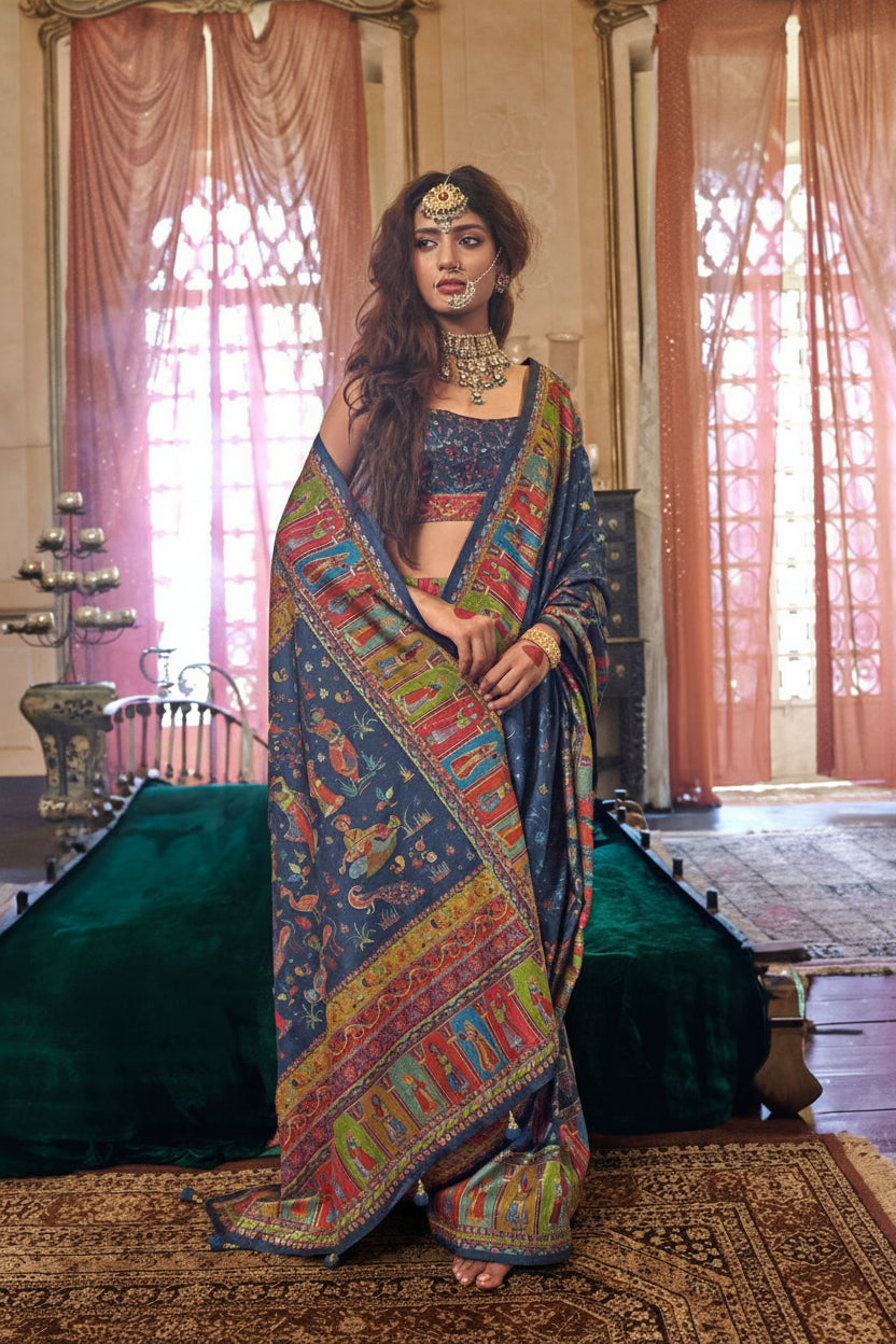 Frost Blue Printed Georgette Silk Saree