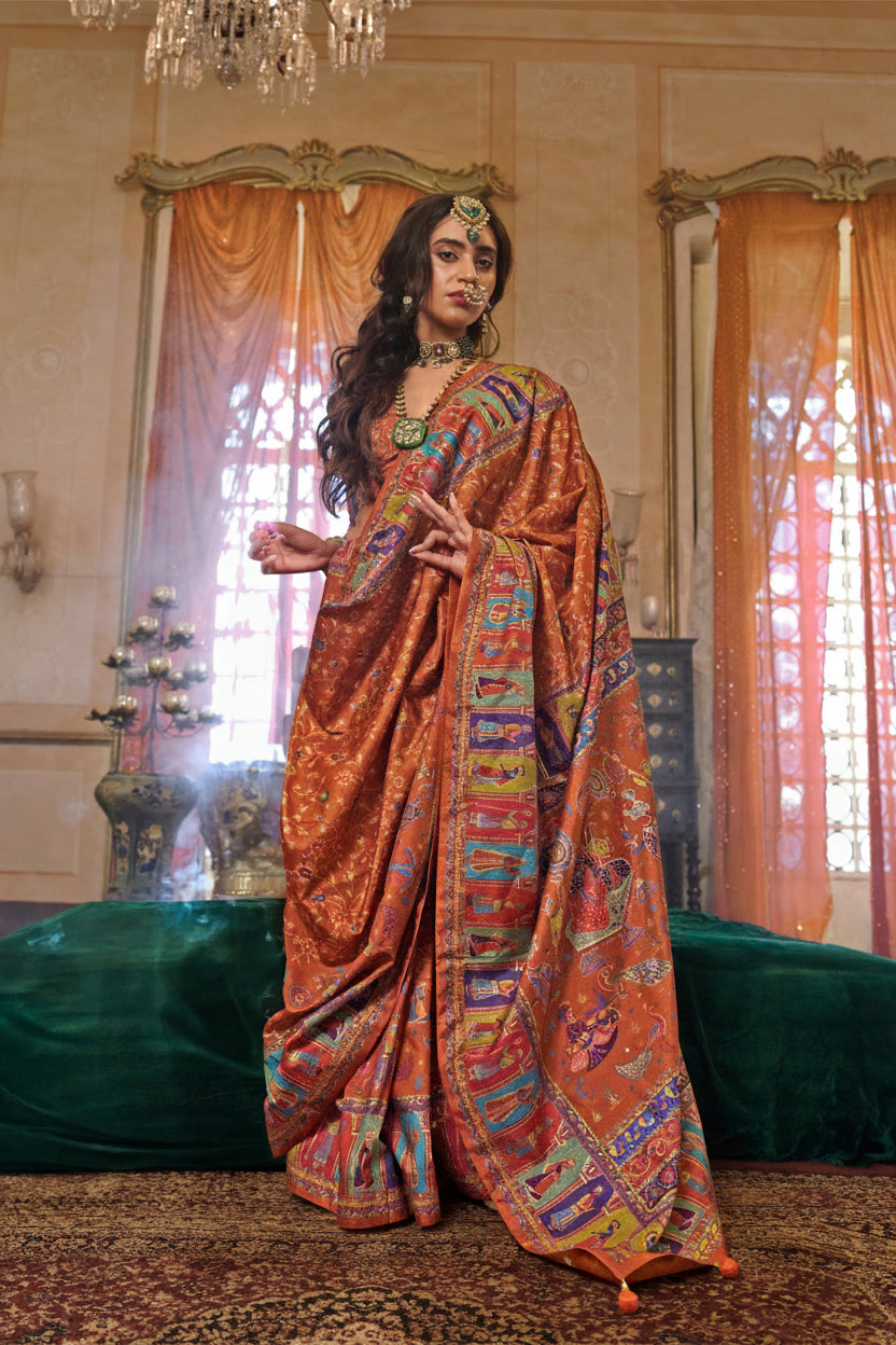 Copper Rust Printed Georgette Silk Saree