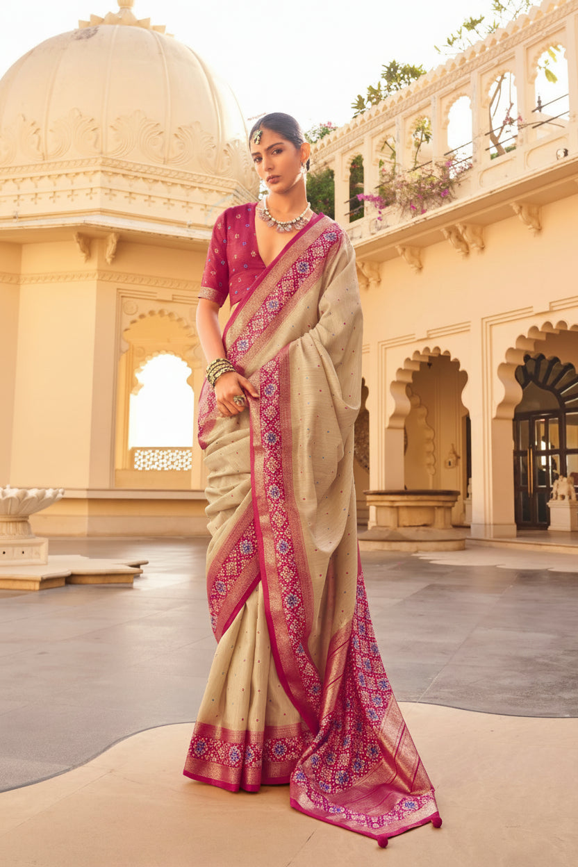 Beige Cream Patola Premium Silk Saree