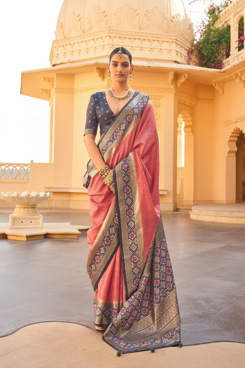 Peach Pink Patola Premium Silk Saree