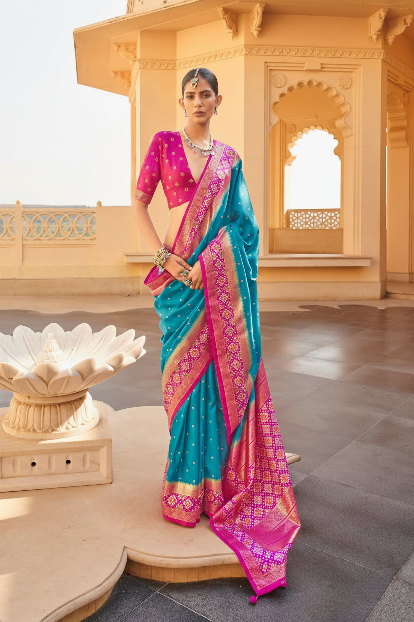 Bright Turquoise Patola Premium Silk Saree