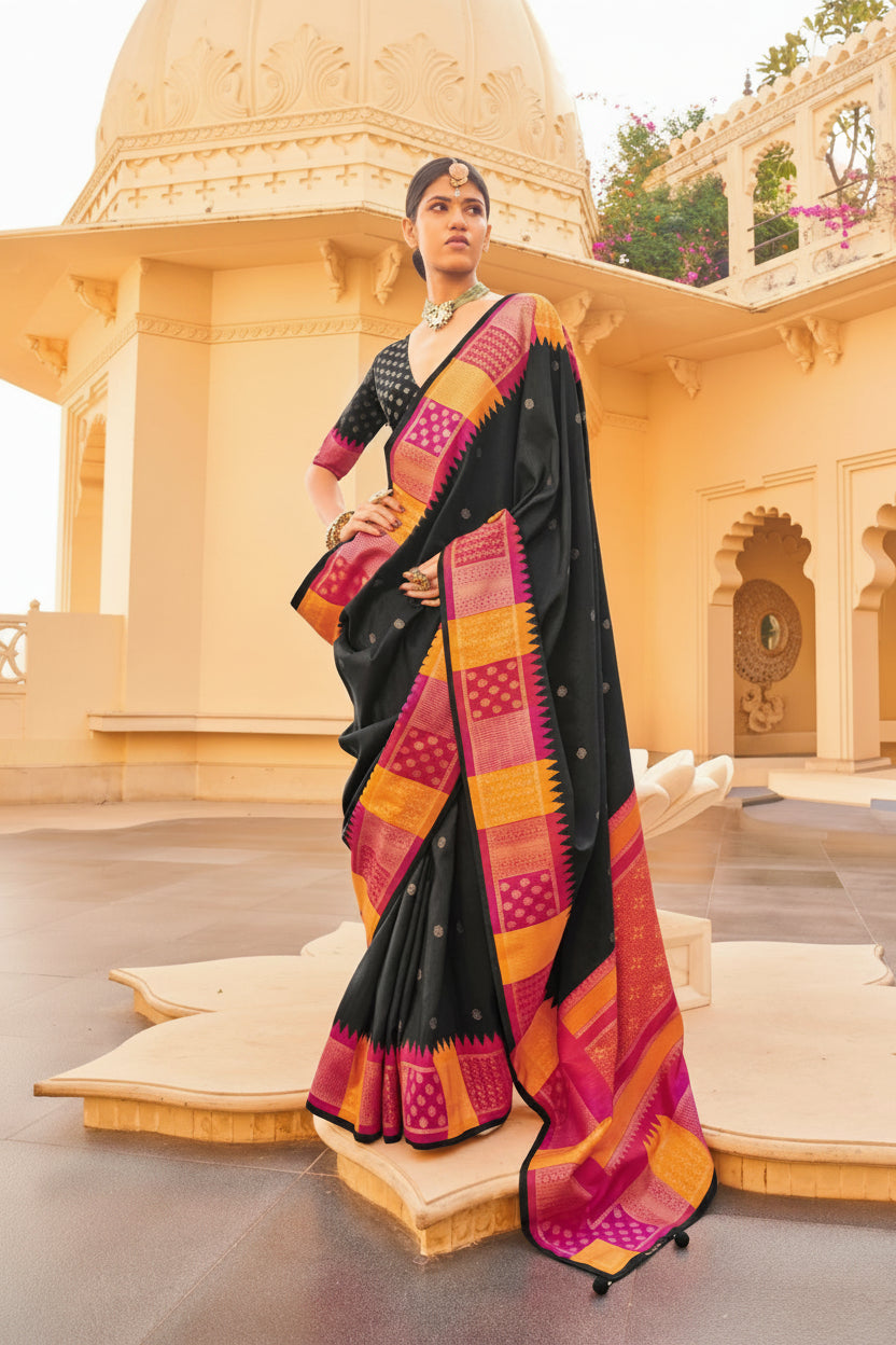 Midnight Black Printed Premium Silk Saree