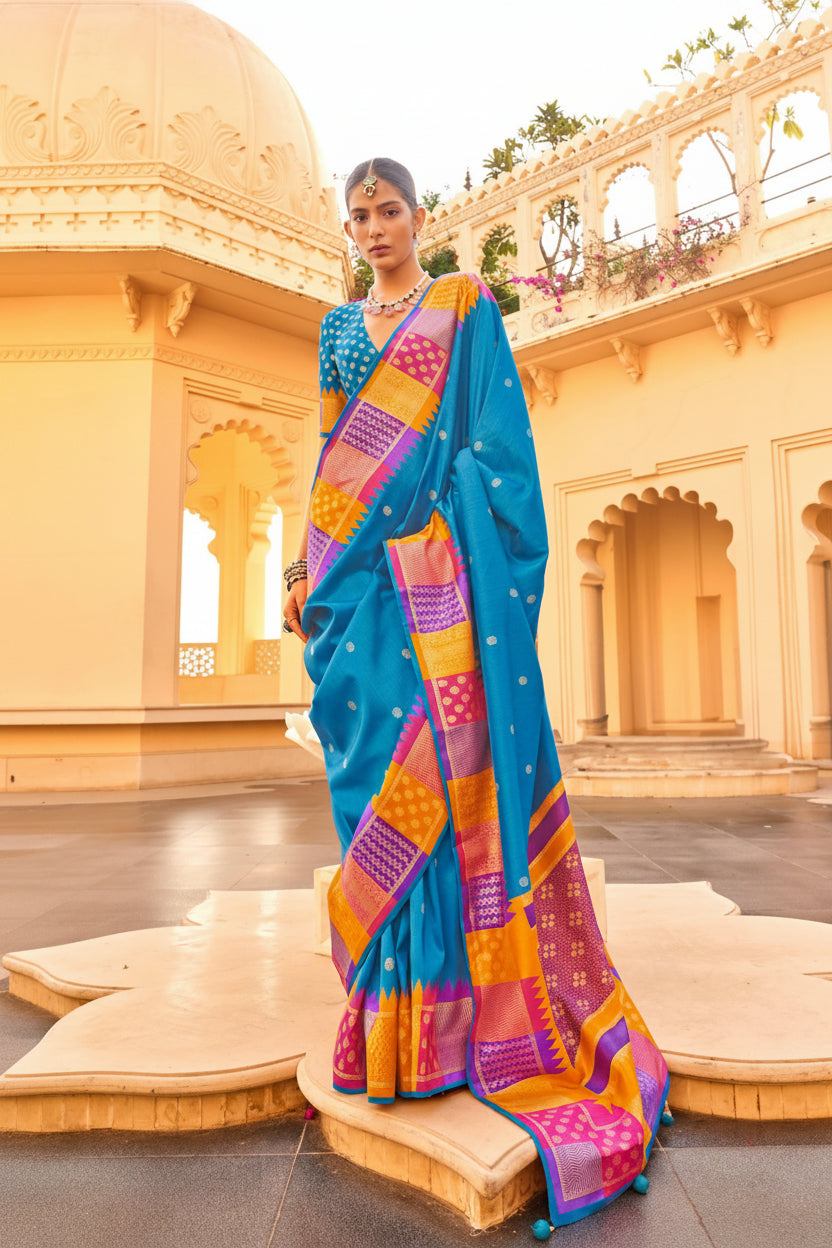 Heritage Blue Printed Premium Silk Saree