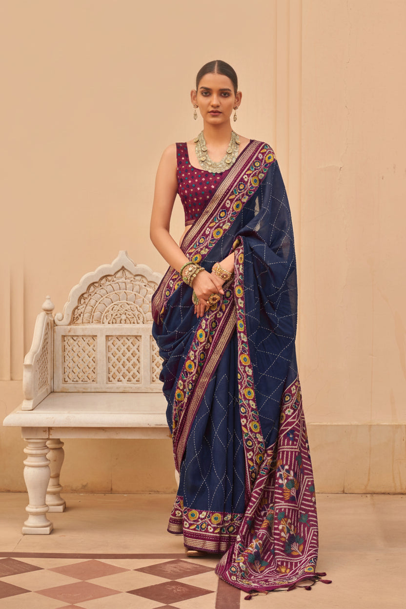 Serenity Blue Printed Chanderi Silk Saree