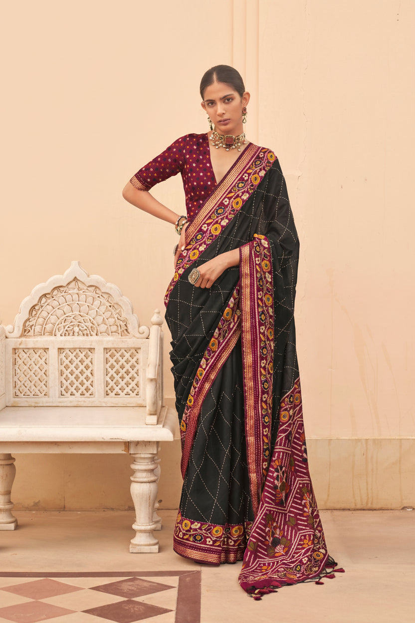 Ebony Black Printed Chanderi Silk Saree