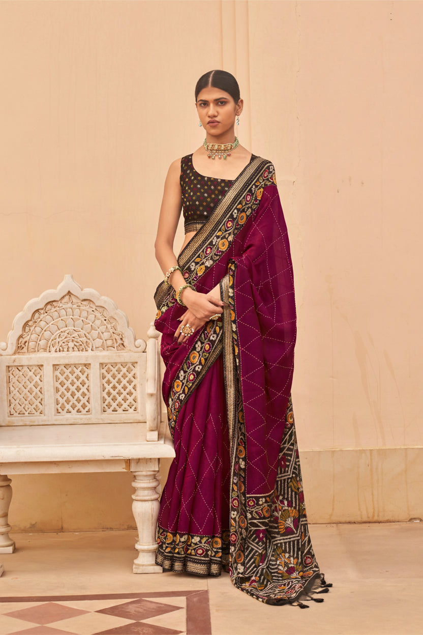 Magenta Pink Printed Chanderi Silk Saree