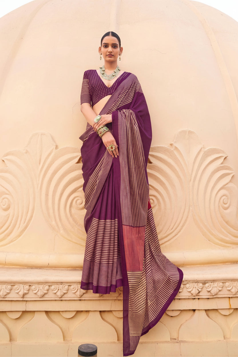 Wine Purple Printed Crepe Silk Saree