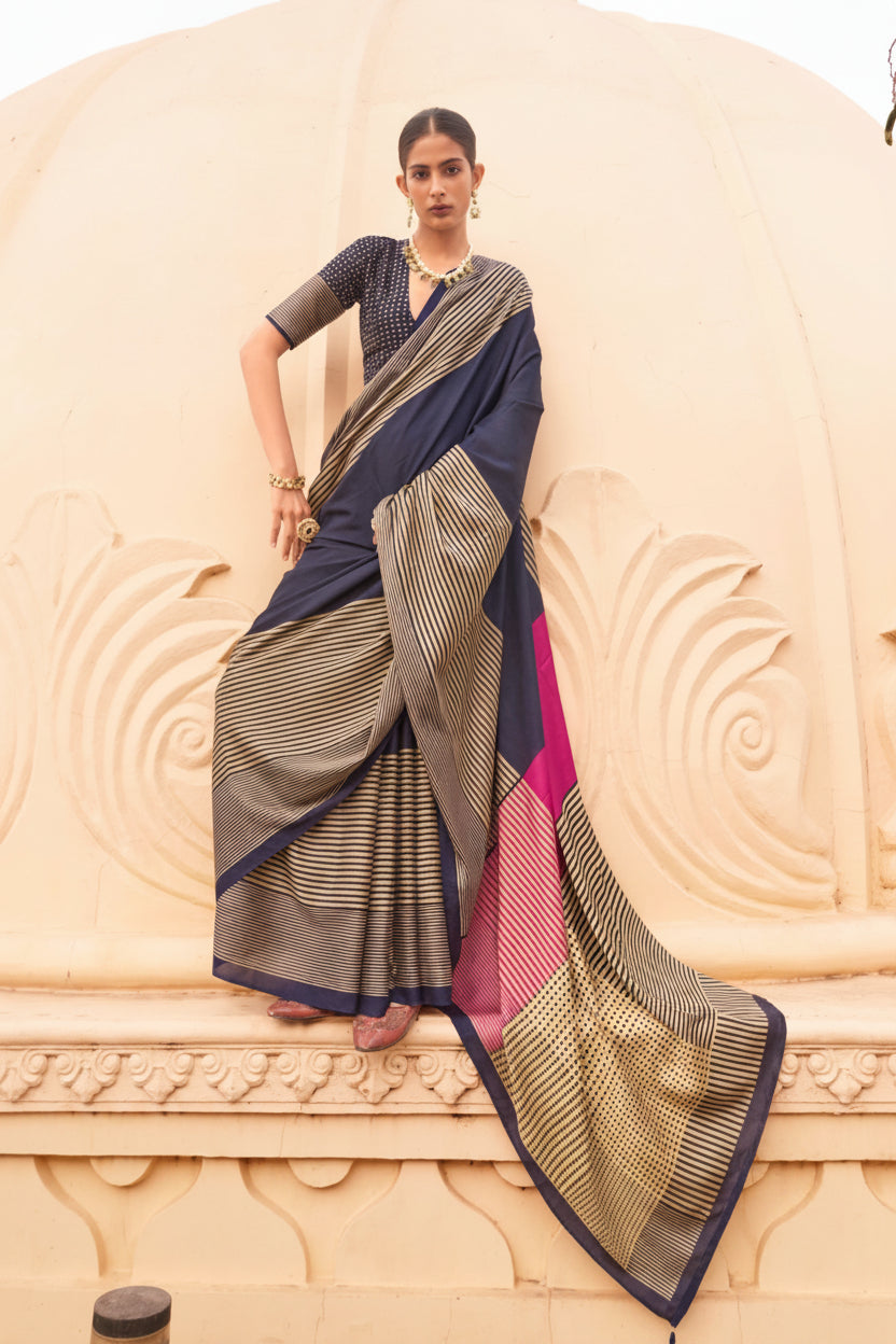 Midnight Navy Blue Printed Crepe Silk Saree