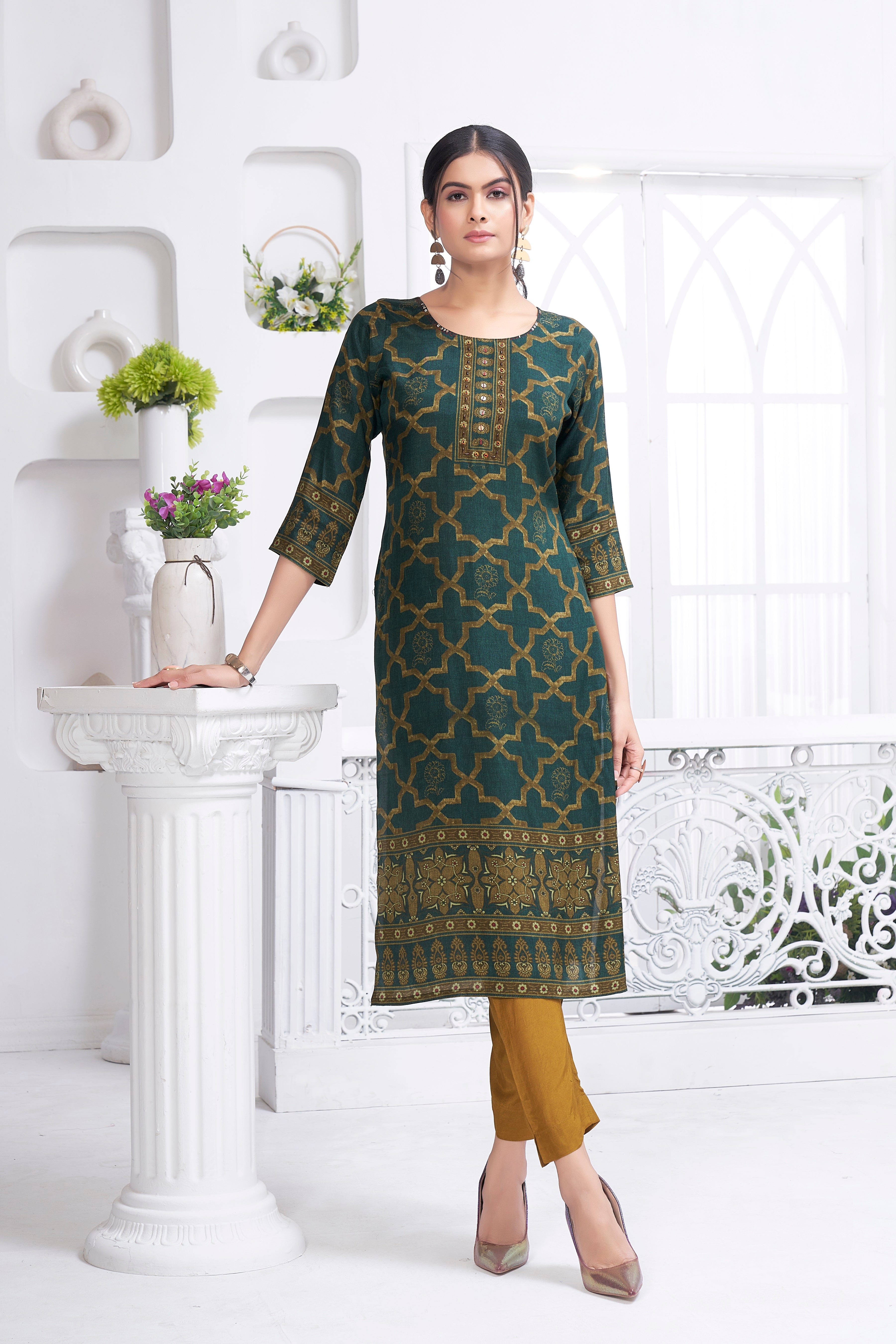 Teal Green Printed Muslin Silk Kurta Set