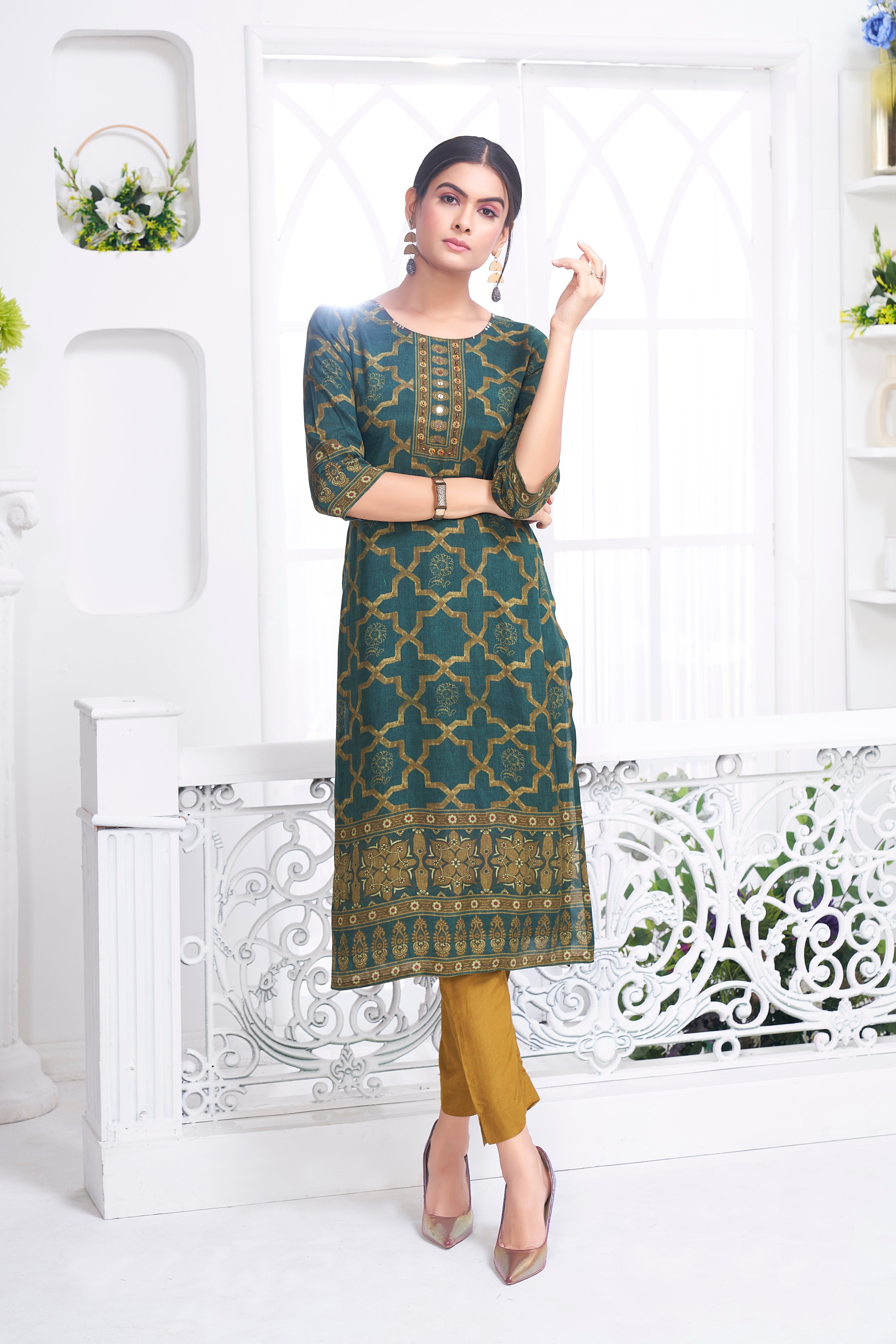 Teal Green Printed Muslin Silk Kurta Set