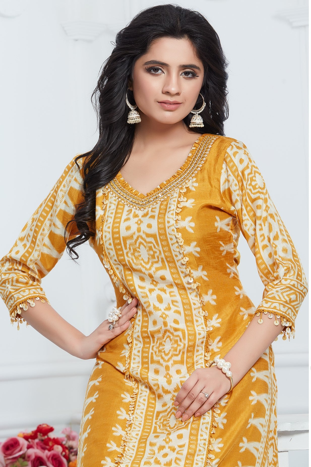 Mustard Ethnic Printed Muslin Silk Kurta