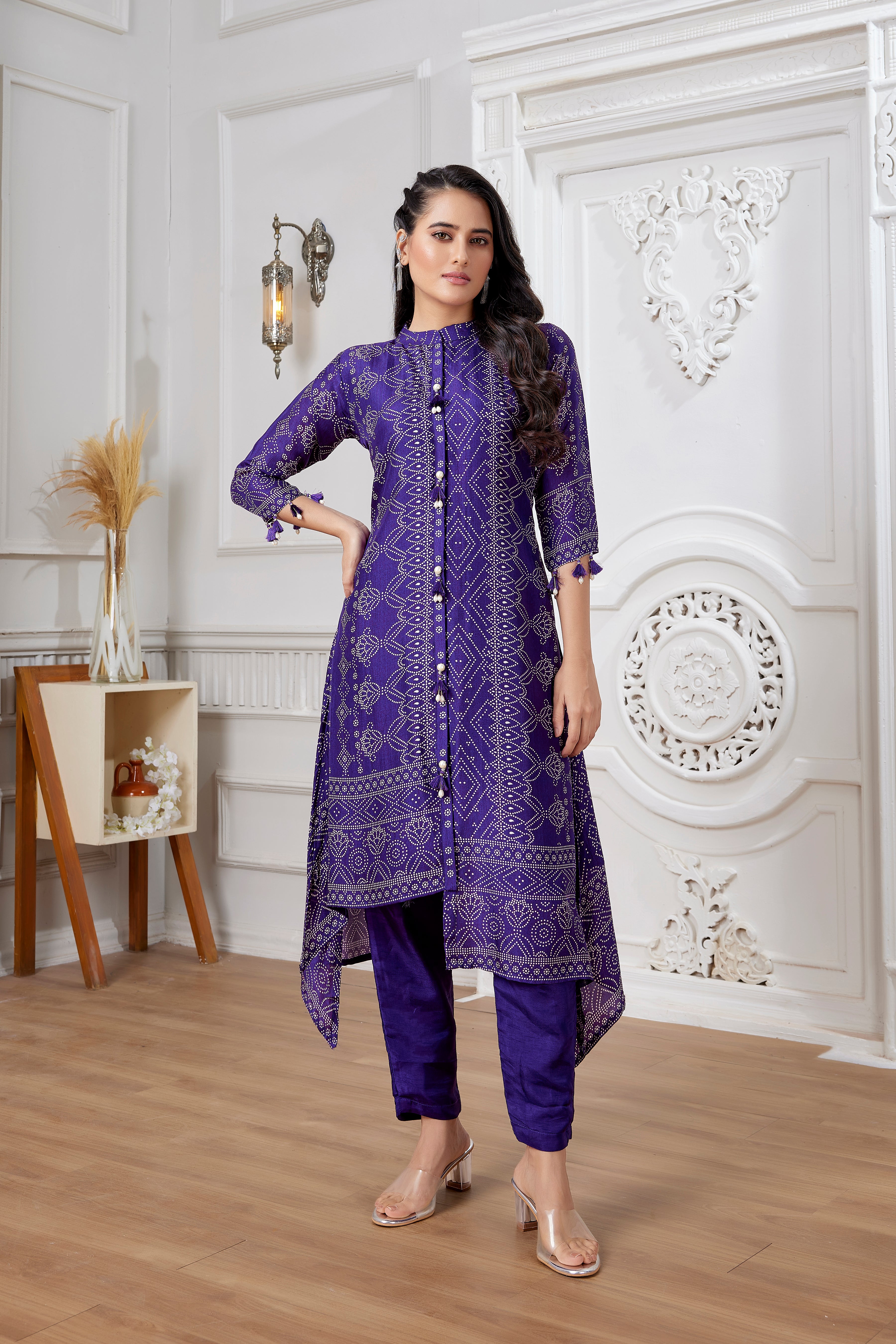 Purple Bandhani Printed Italian Silk Kurta Pants Set