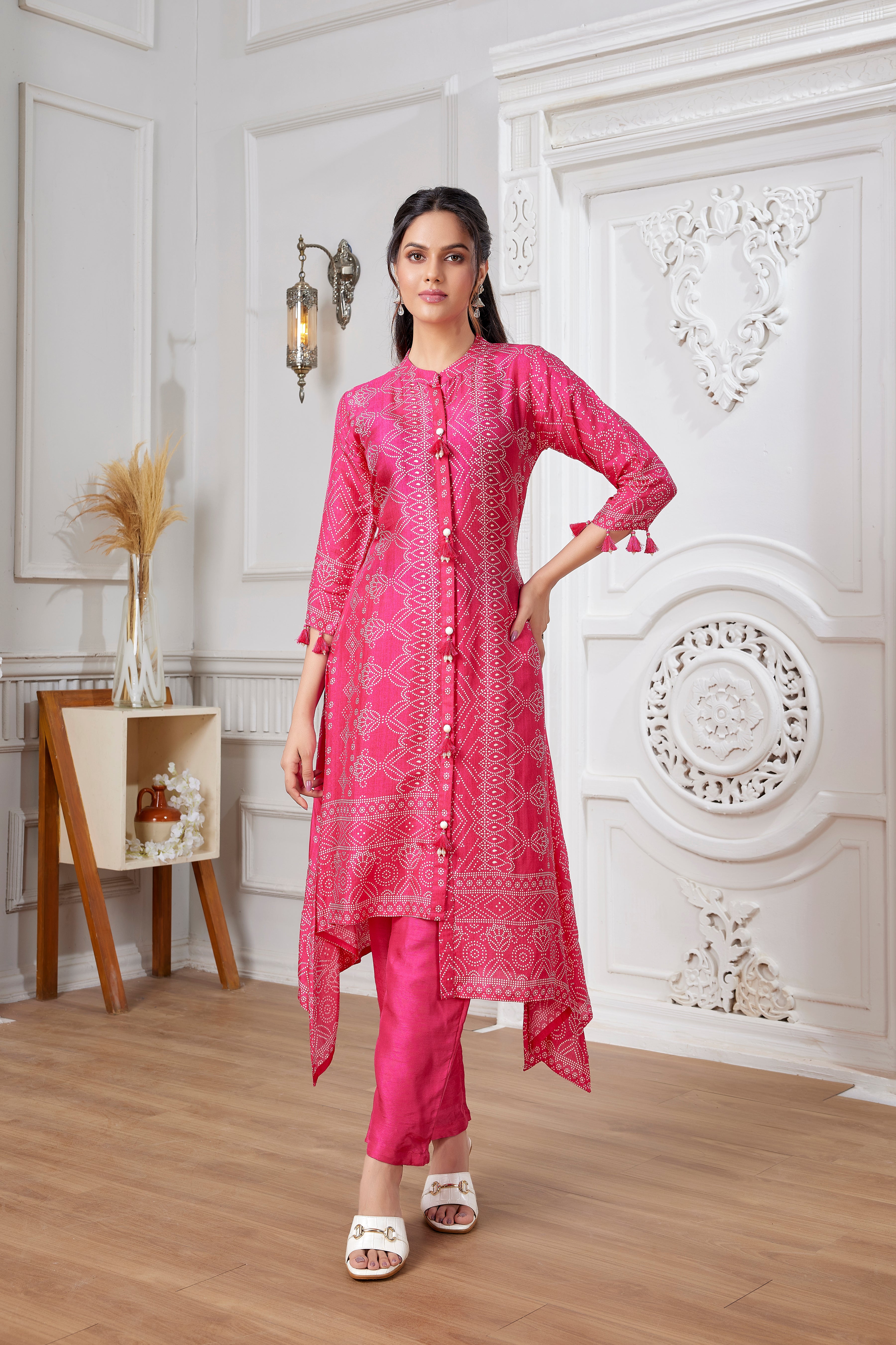 Pink Bandhani Printed Italian Silk Kurta Pants Set