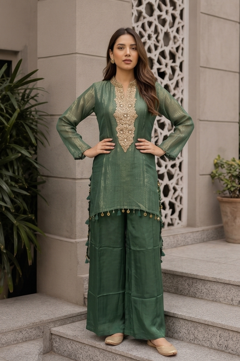 Sage Green Embellished Shimmer Tissue Silk Co-Ord Set