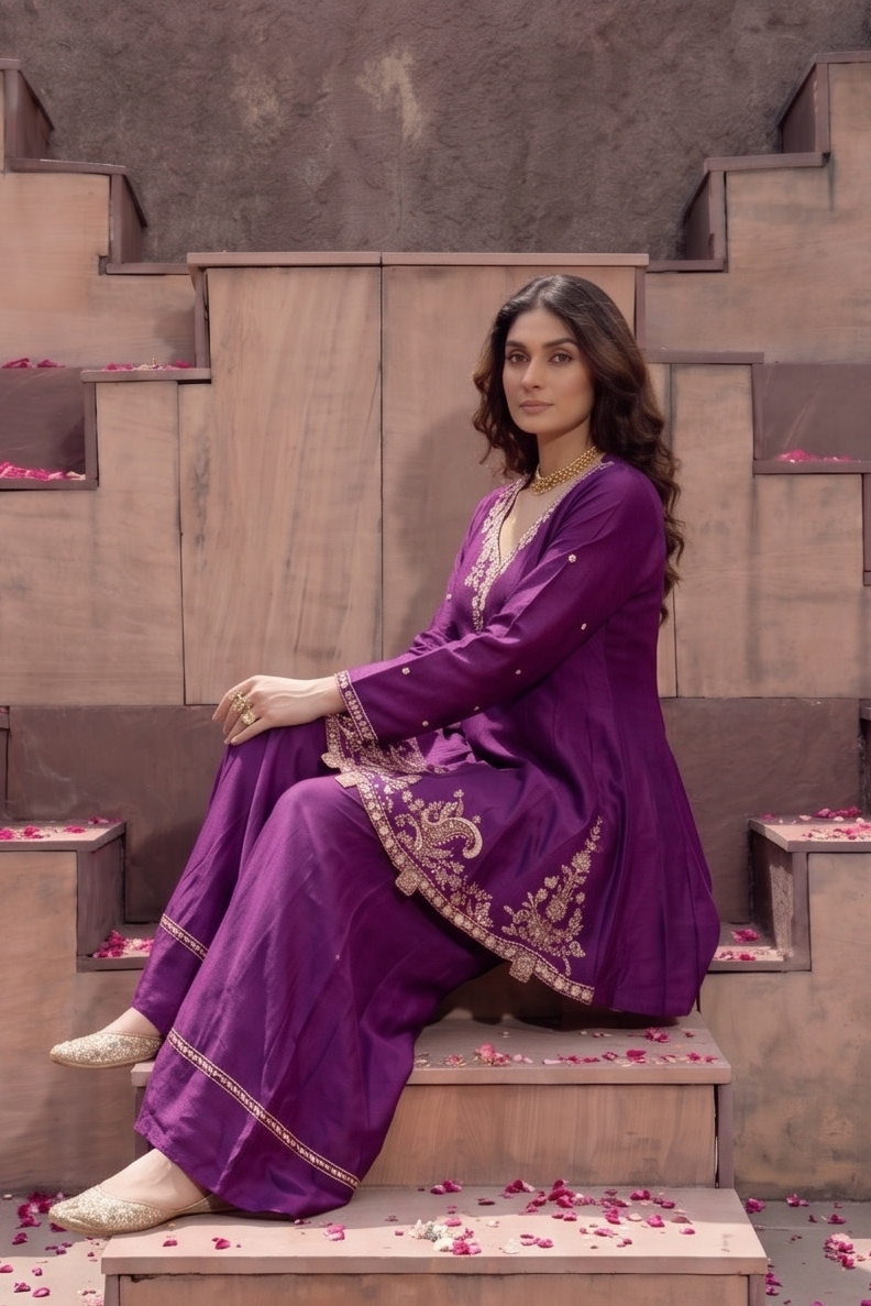 Wine Purple Embellished Crepe Silk Palazzo Set