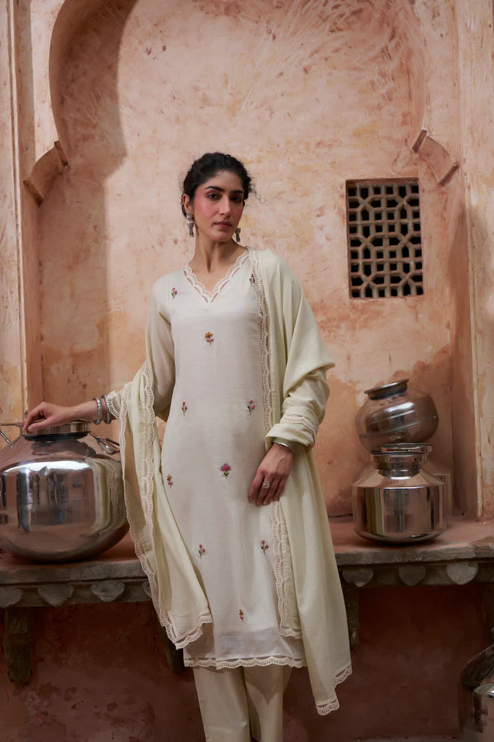 Soft Beige Embroidered Kota Doria Pant Set