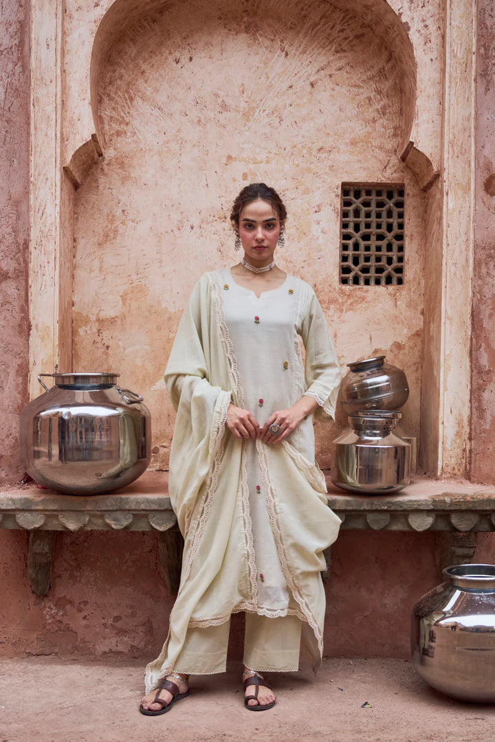 Warm Beige Embroidered Kota Doria Pant Set
