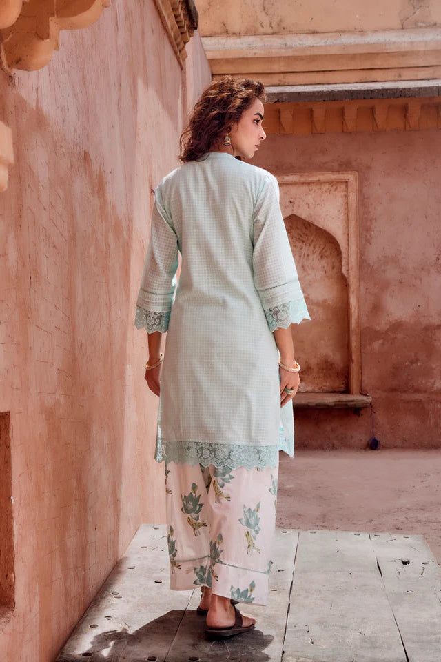 Powder Blue Checks Mul-Cotton Kurta Set