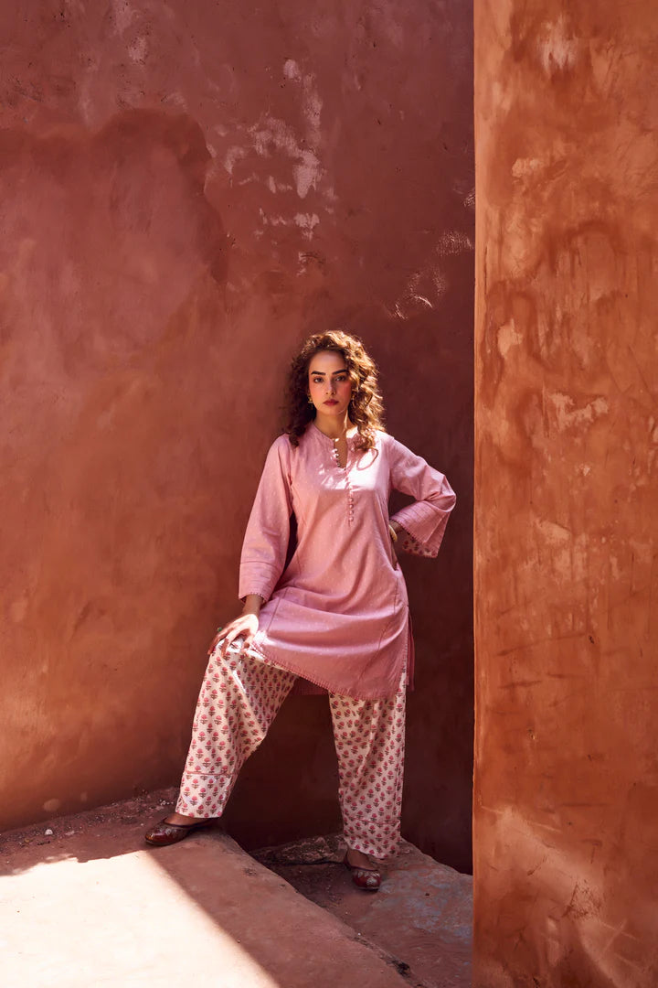 Pastel Pink Mul-Cotton Kurta Set