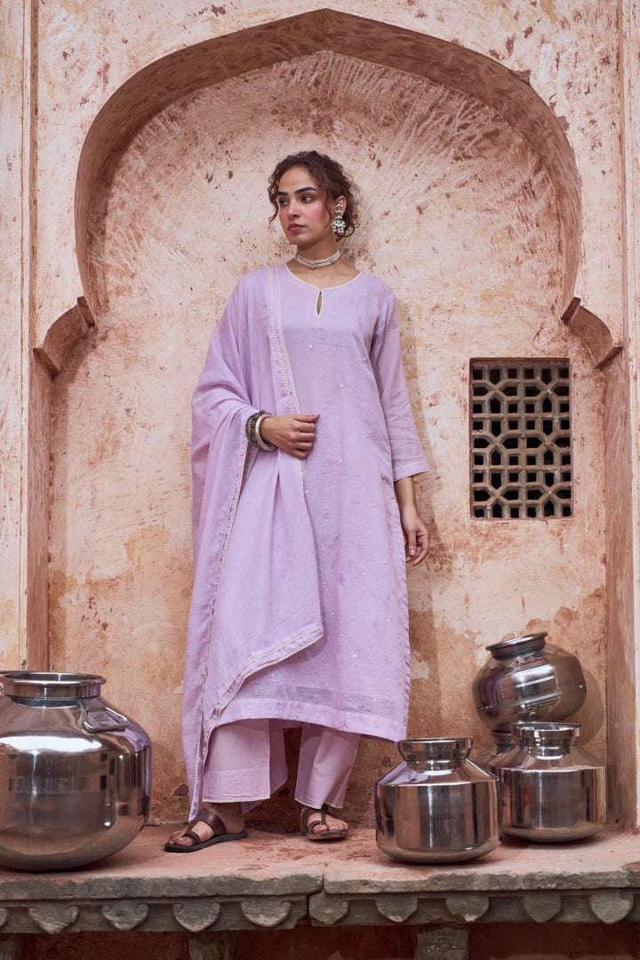 Lilac Beaded Kota Doria Pant Set
