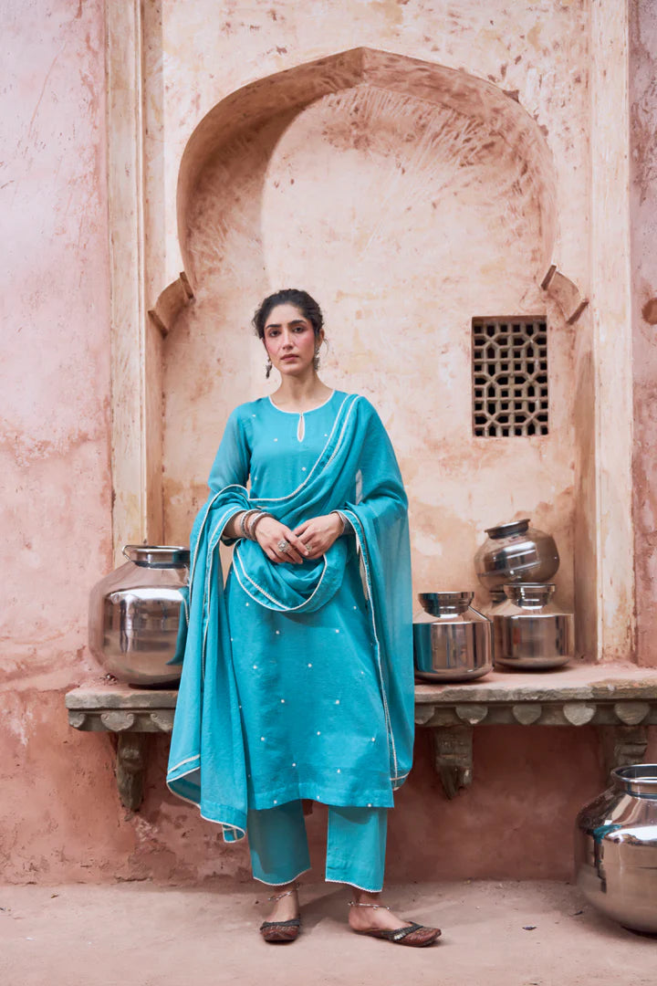 Teal Blue Beaded Kota Doria Pant Set