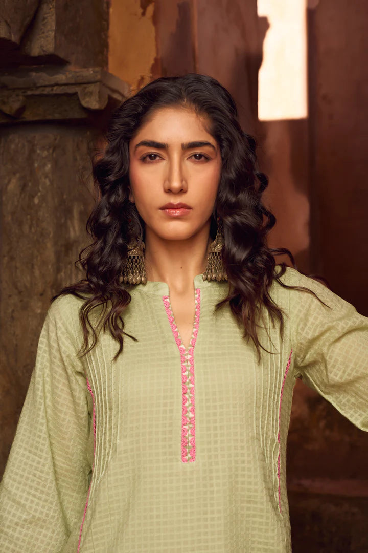 Pista Green Textured Mul-Cotton Kurta Set