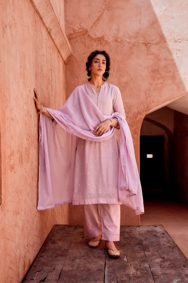 Soft Lilac Zari Dotted Mul-Cotton Pant Set