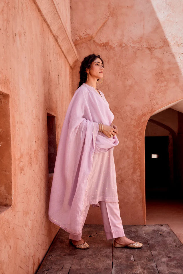 Soft Lilac Zari Dotted Mul-Cotton Pant Set