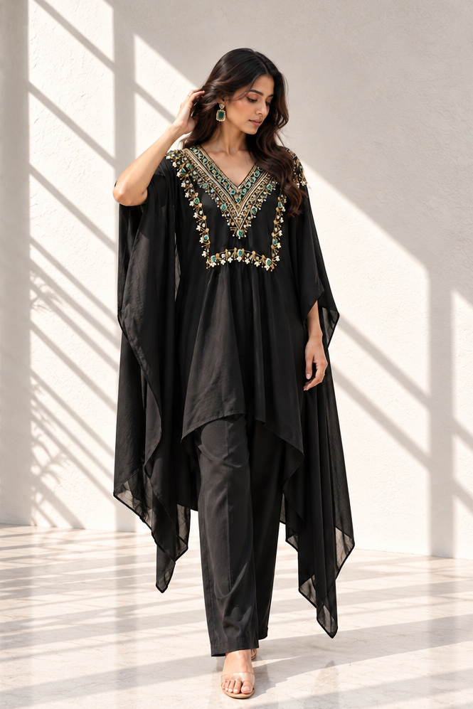 Deep Black Embellished Crepe Silk Kaftan Set